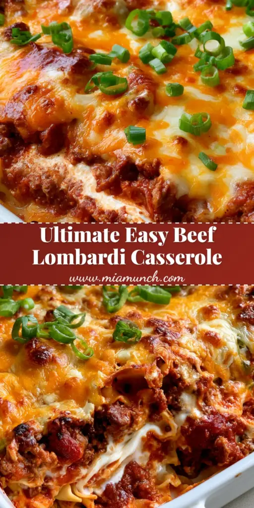 Beef Lombardi Casserole: The Ultimate Cheesy Comfort Food Recipe 3 A close-up shot of Beef Lombardi Casserole showing layers of noodles, meat sauce, and melted cheese with green onion garnish.
