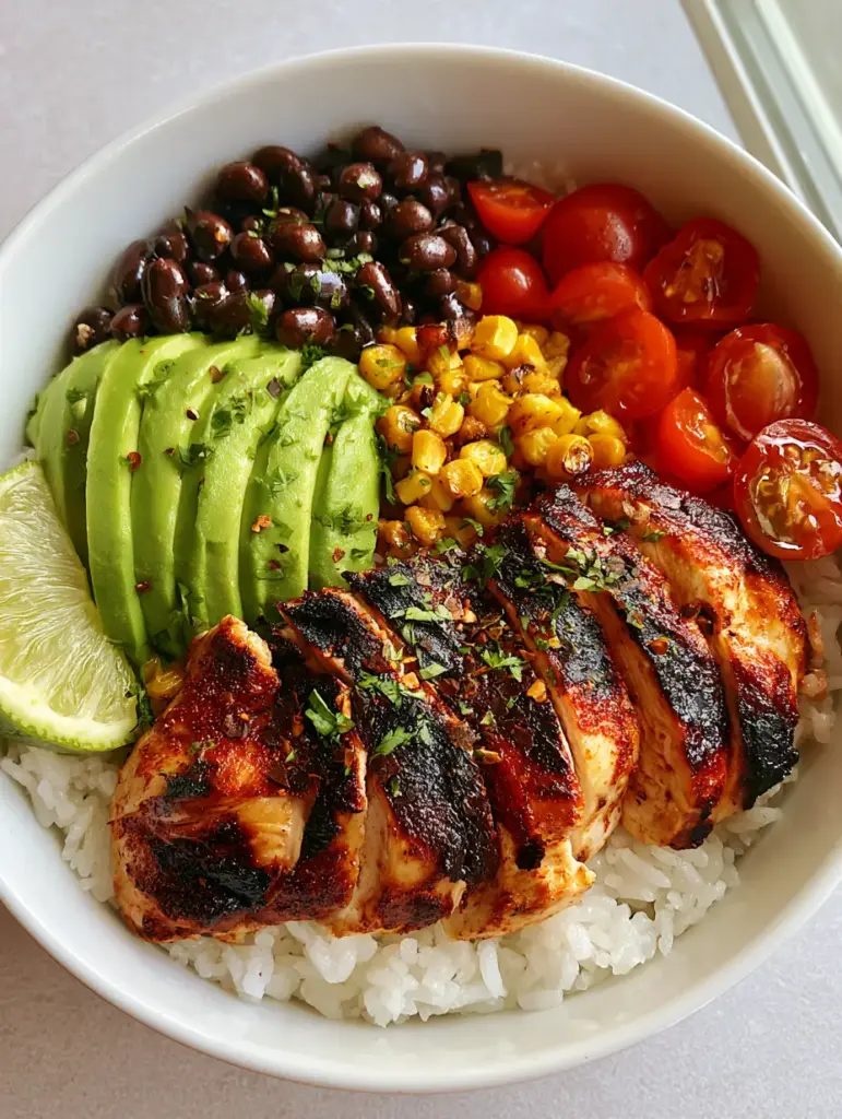 Southwest Chicken Bowl with Charred Chicken and Zesty Lime 2 Close up handheld smartphone photo of a Southwest Chicken Bowl featuring reddish-brown seasoned chicken and bright red cherry tomatoes.