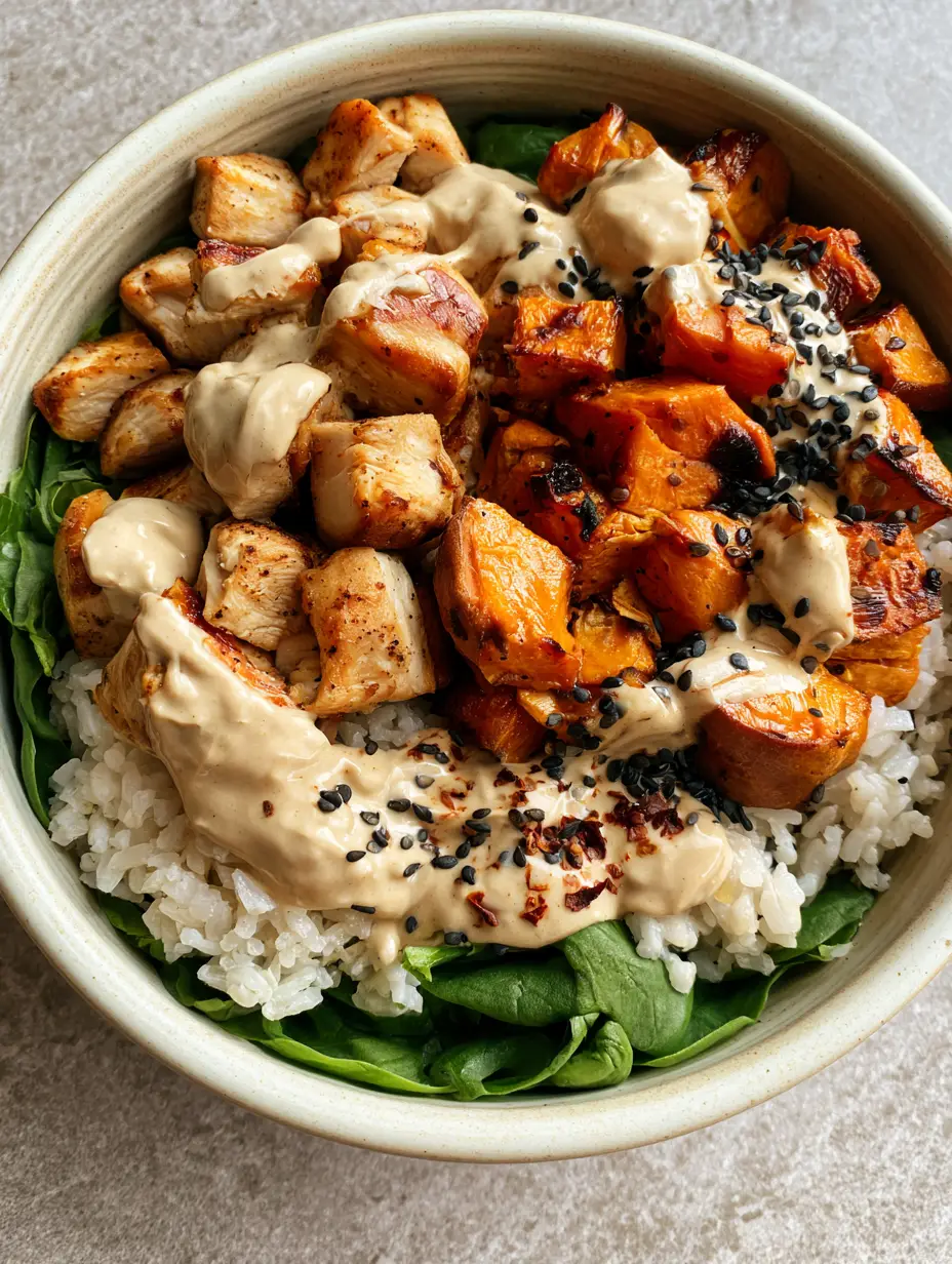Close up view of roasted chicken cubes and caramelized sweet potato chunks in a Chicken and Sweet Potato Power Bowl.