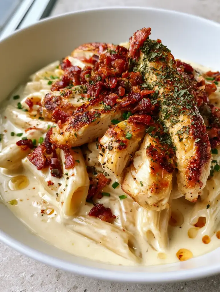 Chicken Ranch Pasta: The Ultimate Creamy Bacon Comfort Food 2 Close up of glossy ivory cream sauce on Chicken Ranch Pasta with fresh chives and parsley.