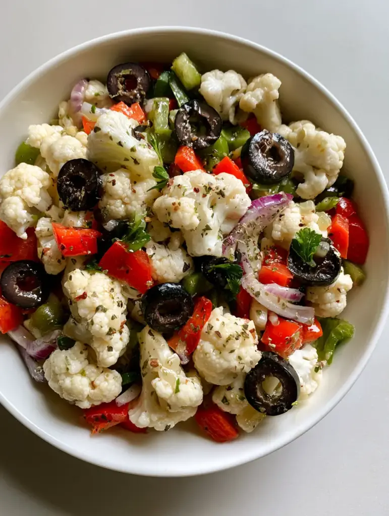 Marinated Cauliflower Salad: The Ultimate Crisp and Zesty Side Dish 1 A fresh bowl of Marinated Cauliflower Salad with sliced black olives and diced bell peppers on a neutral gray surface.