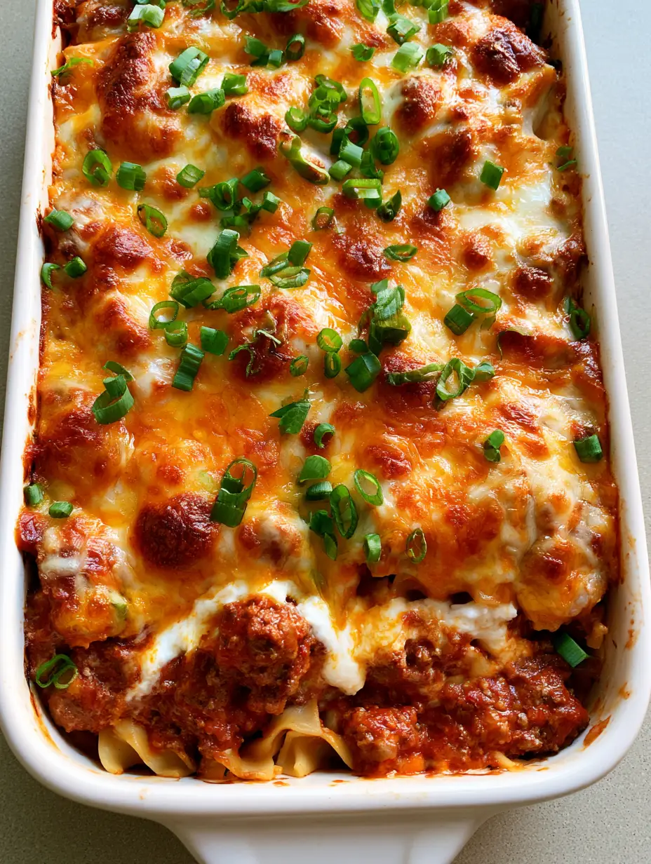 Beef Lombardi Casserole: The Ultimate Cheesy Comfort Food Recipe 4 High-angle view of Beef Lombardi Casserole in a white ceramic baking dish featuring toasted orange cheddar and white mozzarella.