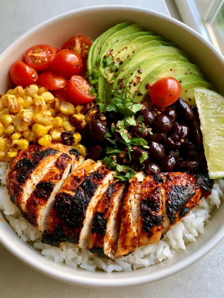 Southwest Chicken Bowl with Charred Chicken and Zesty Lime 1 A Southwest Chicken Bowl showing neat sections of roasted yellow corn and glossy black beans on a bed of fluffy white rice.