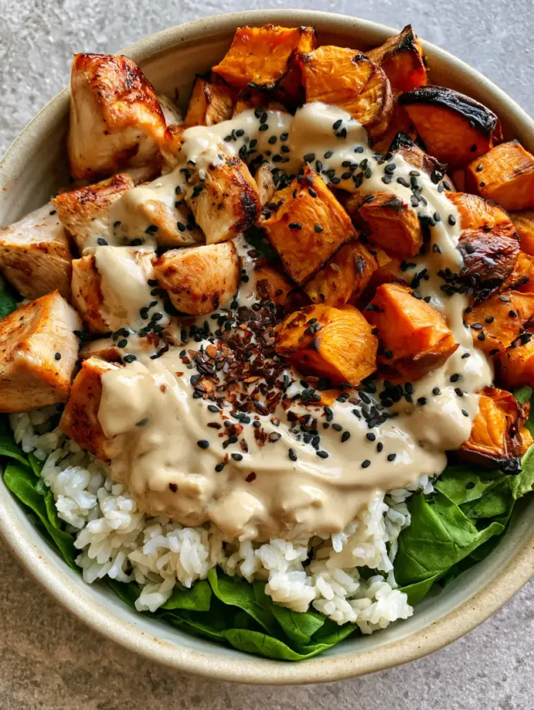 Detailed shot of thick tan tahini dressing drizzled over a Chicken and Sweet Potato Power Bowl with black sesame seeds.