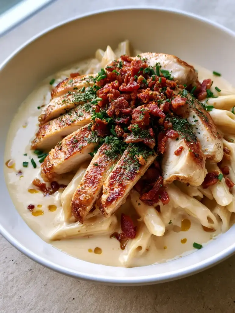 Chicken Ranch Pasta: The Ultimate Creamy Bacon Comfort Food 1 Overhead view of Chicken Ranch Pasta in a white bowl on a stone countertop.