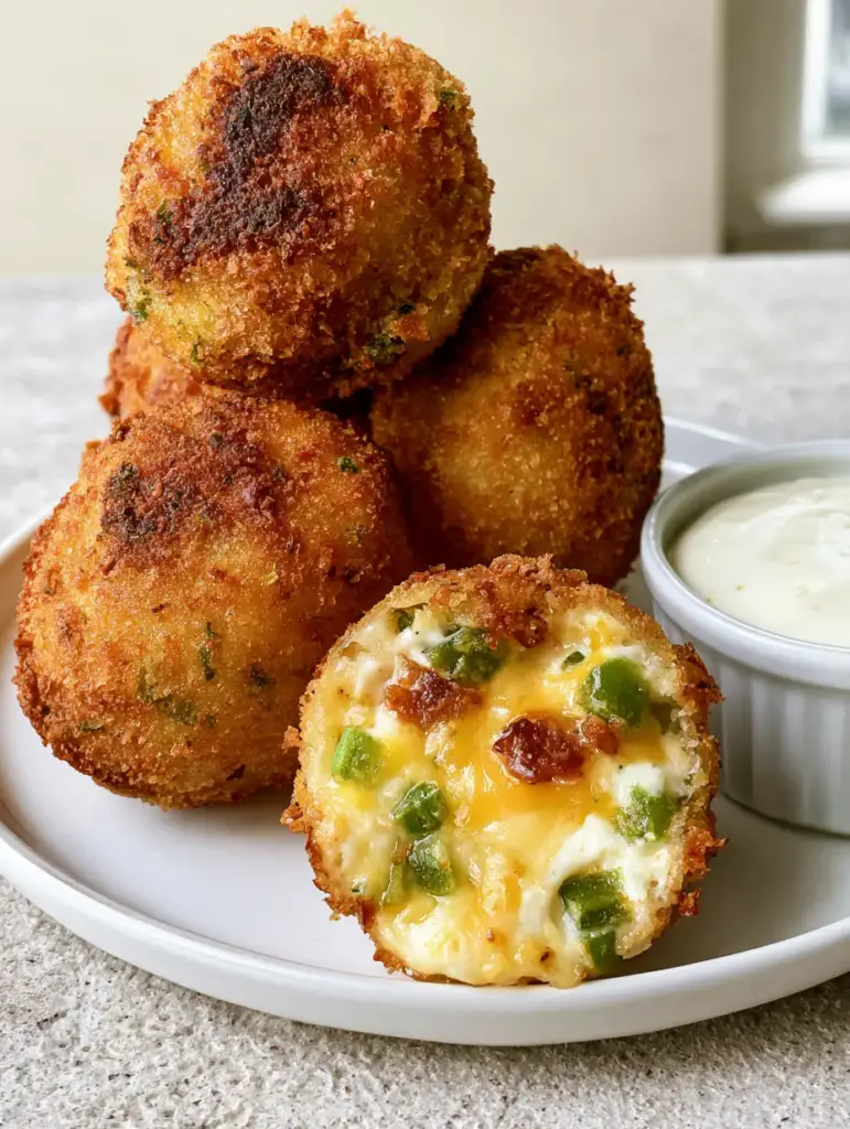 Halved Jalapeno Popper Cheese Ball revealing a molten yellow cheddar and cream cheese center with green jalapenos.