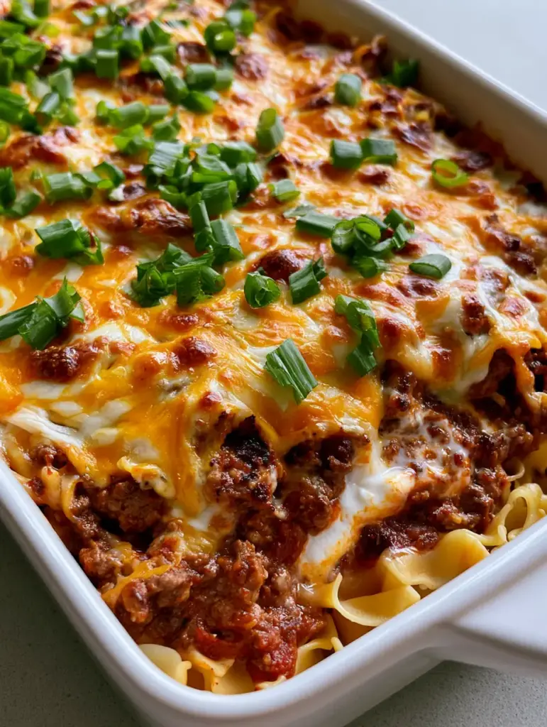 Beef Lombardi Casserole: The Ultimate Cheesy Comfort Food Recipe 1 A close-up of the toasted cheese surface of a Beef Lombardi Casserole sprinkled with fresh scallions.