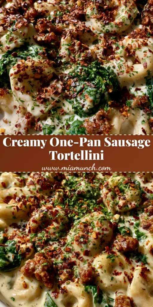 A steaming white bowl of Creamy Sausage Tortellini coated in glossy parmesan sauce with wilted spinach and red pepper flakes.
