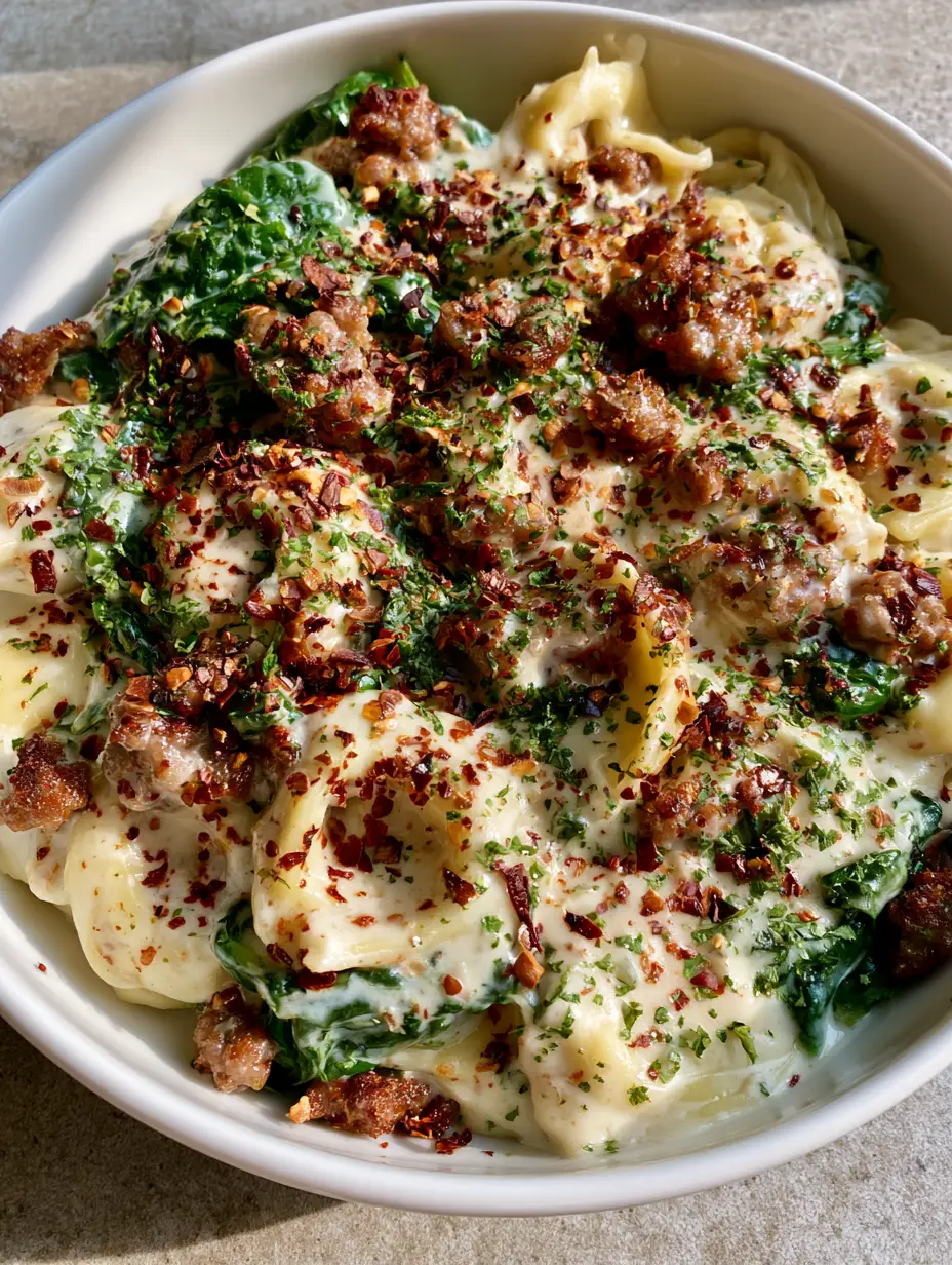 Close up of cheese tortellini with crispy browned sausage crumbles and vibrant green spinach in a white bowl. (Creamy Sausage Tortellini)