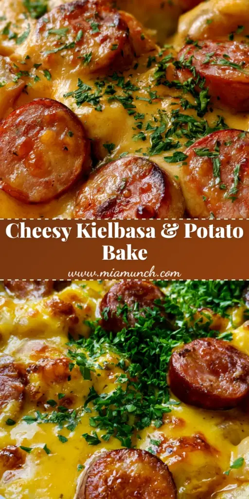 Kielbasa Potato Casserole with Velvety Cheddar Cheese Sauce 4 A rustic Kielbasa Potato Casserole in a white ceramic dish with seared sausage rounds, bubbly cheddar cheese, and fresh parsley garnish.