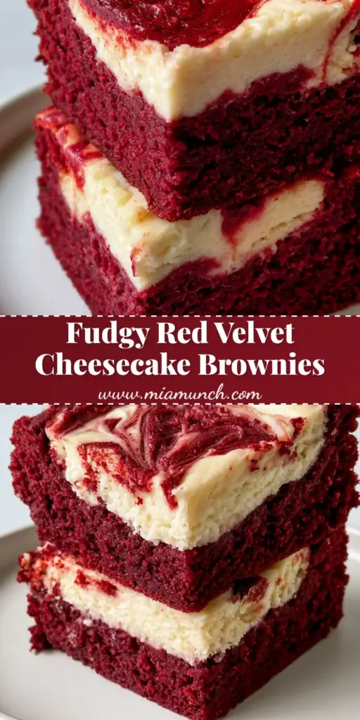 A tall stack of two fudgy Red Velvet Cheesecake Brownies on a white plate, showing the deep crimson chocolate base and ivory-white marble swirl.