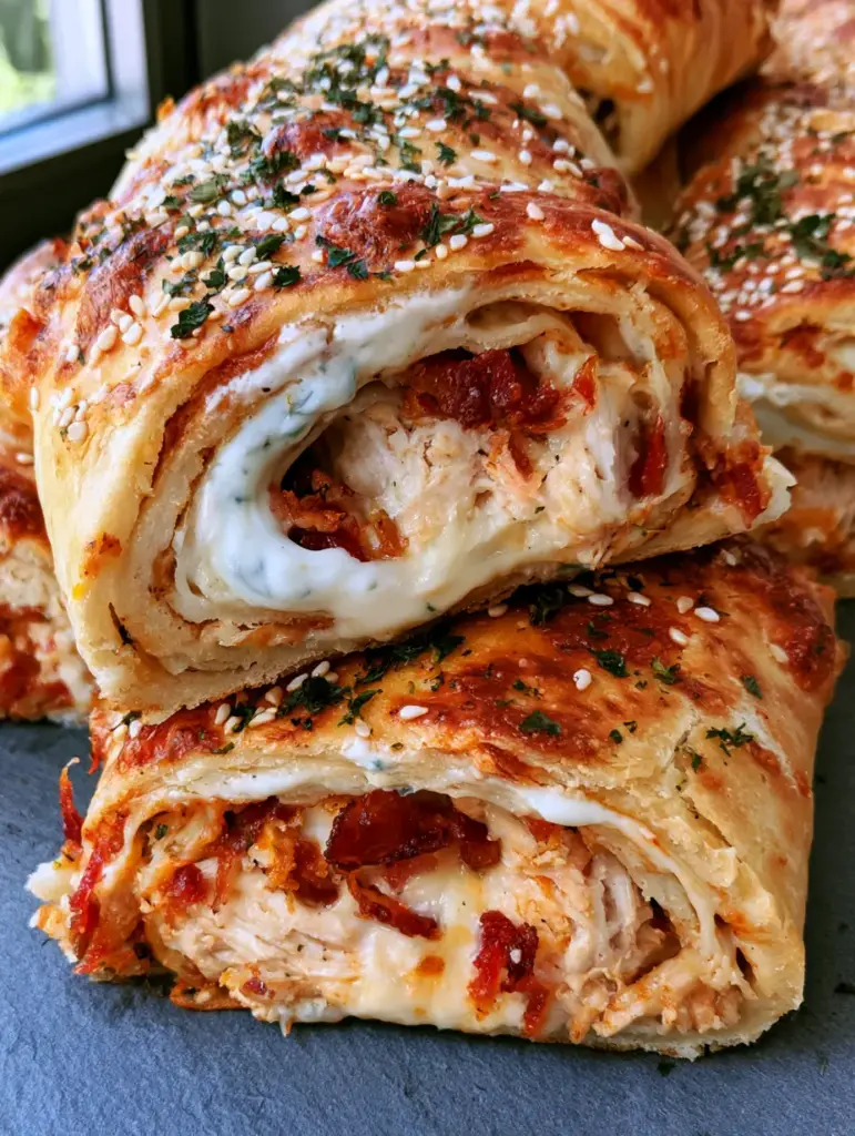 Chicken Bacon Ranch Stromboli: The Ultimate Crispy Golden Bake 1 Close-up of the bubbly texture and white sesame seed topping on a fresh Chicken Bacon Ranch Stromboli.