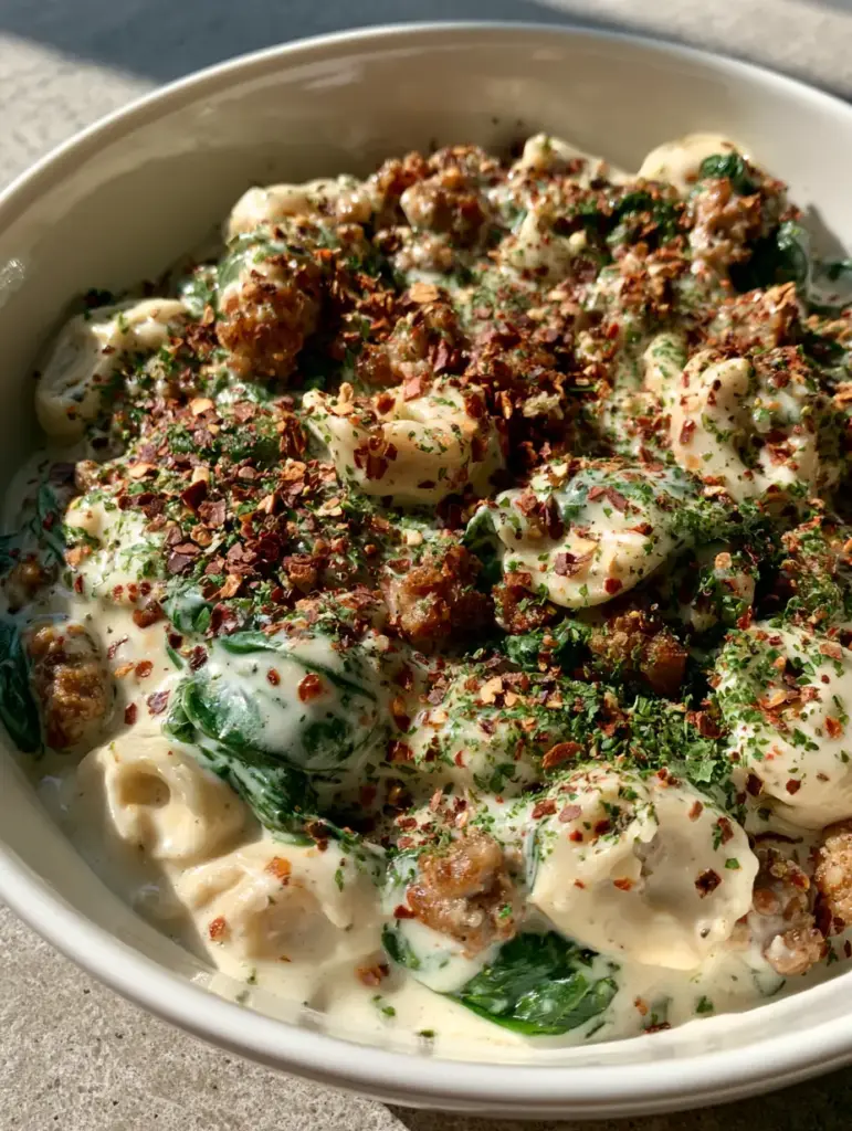 Authentic handheld photo of Creamy Sausage Tortellini with steam and fresh parsley garnish.
