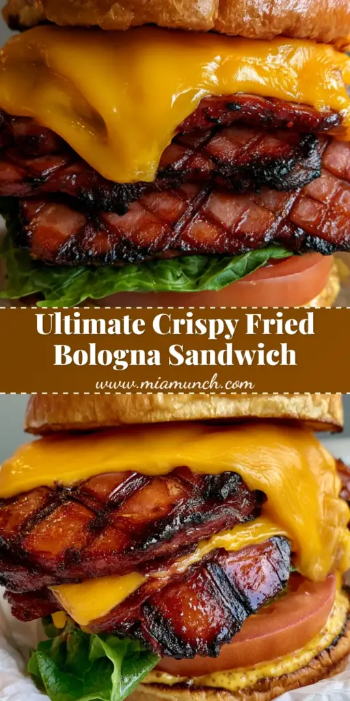 A gourmet Fried Bologna Sandwich stacked high with thick charred meat, melted American cheese, lettuce, and tomato on a brioche bun.