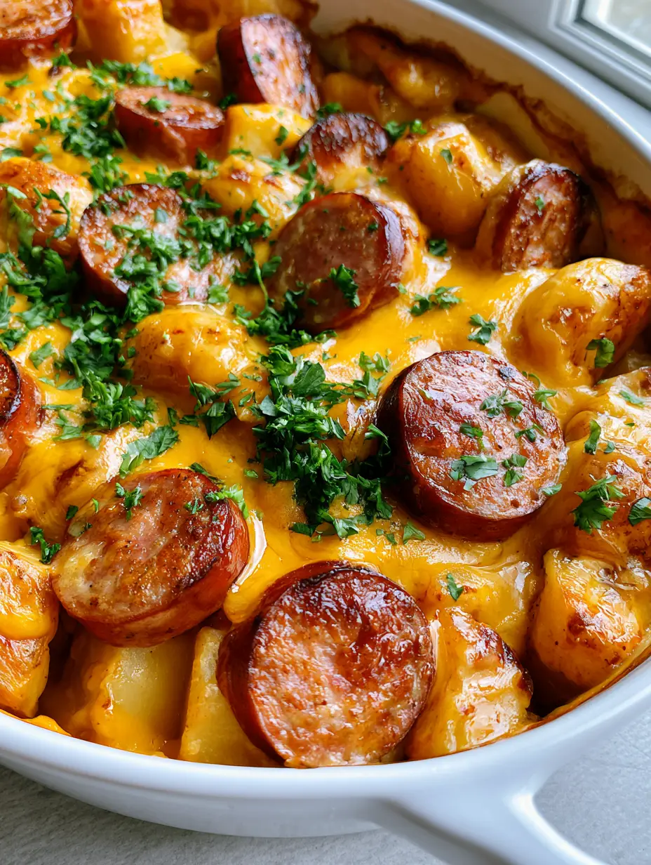 Kielbasa Potato Casserole with Velvety Cheddar Cheese Sauce 3 Close-up of Kielbasa Potato Casserole showing seared sausage edges and bubbly cheese sauce.