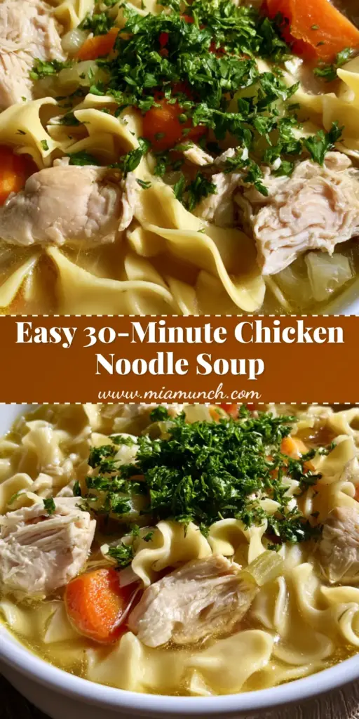 A rustic white bowl of Homemade Chicken Noodle Soup with wide wavy egg noodles and chunks of chicken on a dark wood table.