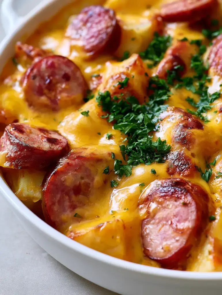 Kielbasa Potato Casserole with Velvety Cheddar Cheese Sauce 1 Slightly overhead shot of a rustic Kielbasa Potato Casserole with fresh parsley garnish on a gray counter.