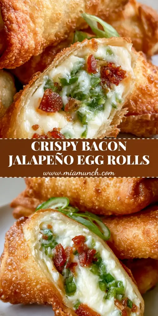 A stack of golden brown deep-fried Jalapeño Popper Egg Rolls on a white plate, sliced to show the gooey cream cheese and bacon filling.