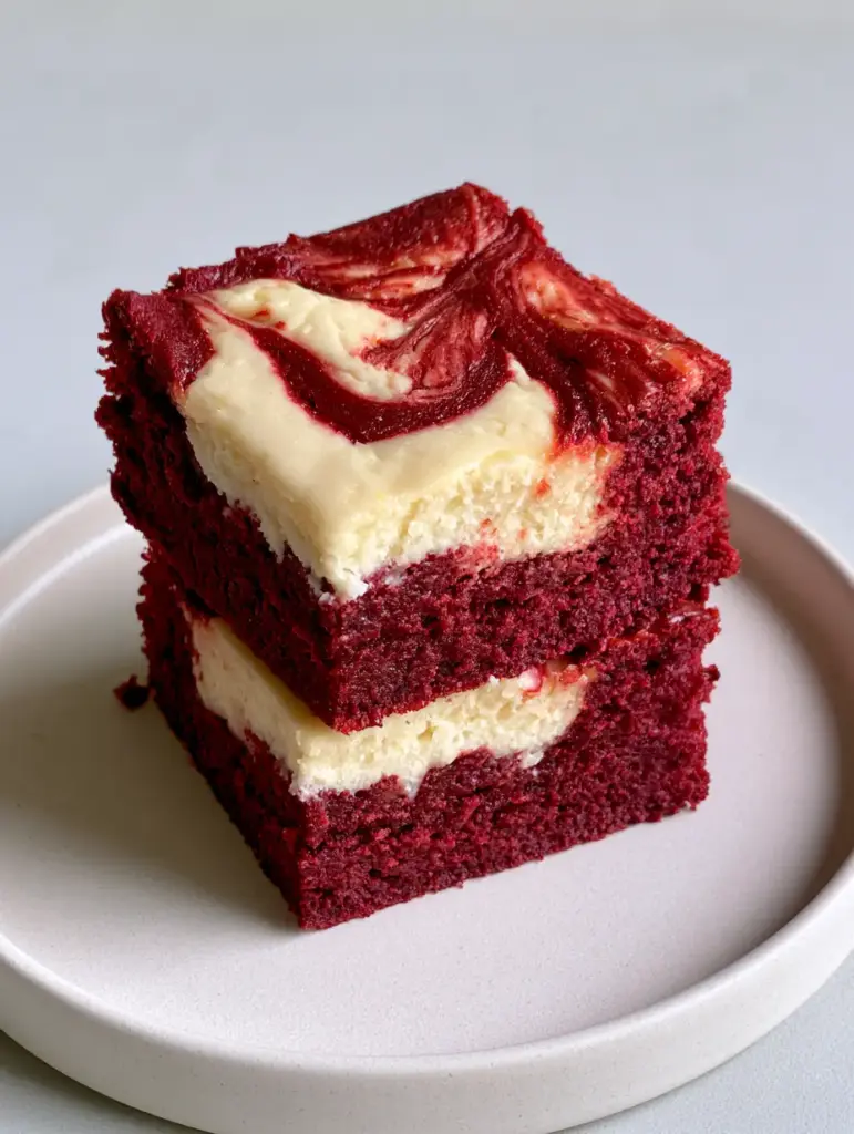 A stack of two sharp-cut red velvet brownies with ivory-white cheesecake marbling on a matte white plate.