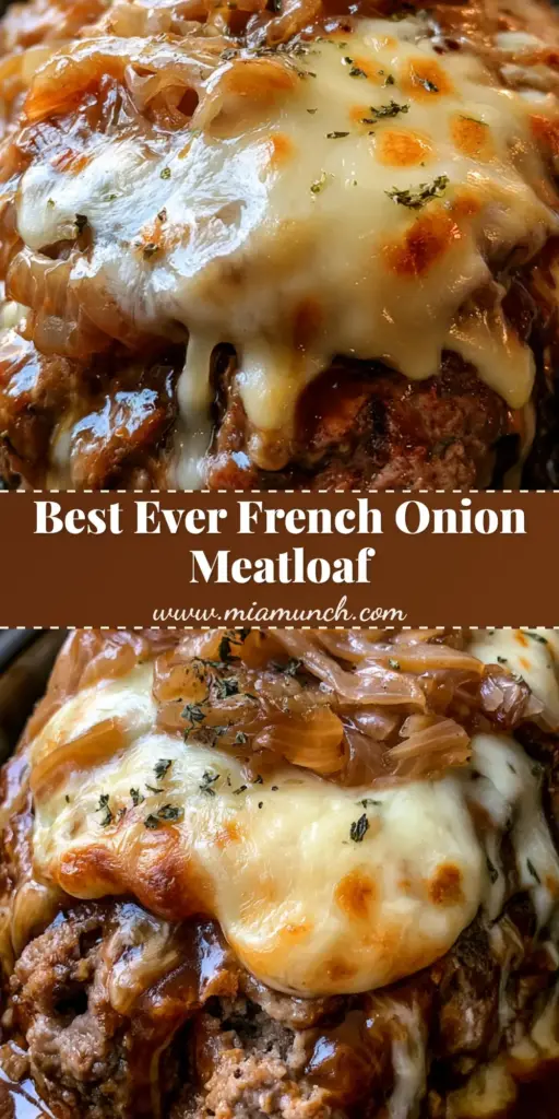 A thick, juicy ground beef Crockpot French Onion Meatloaf topped with golden caramelized onions and bubbly melted Swiss cheese in a dark ceramic insert.