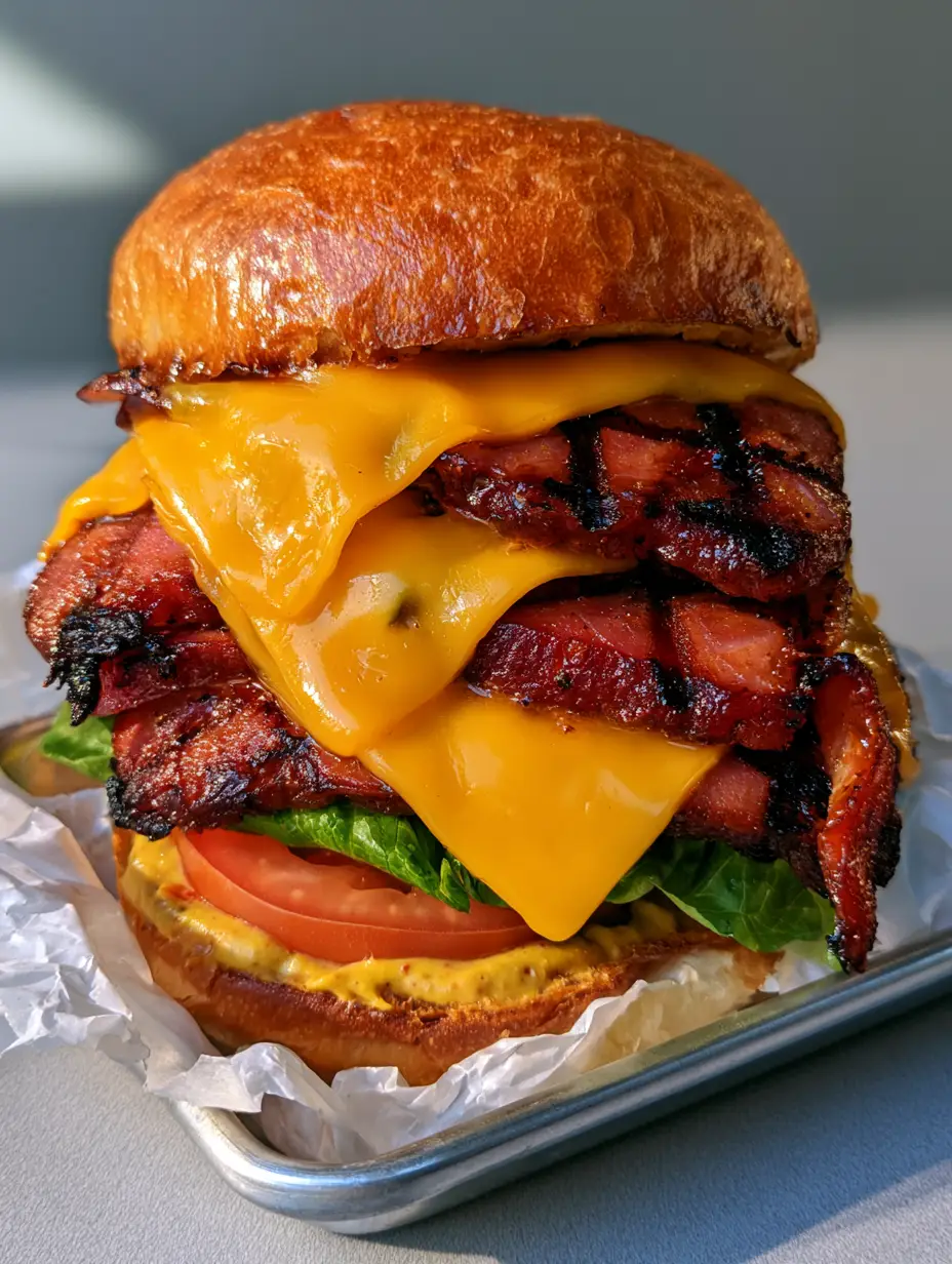 Close-up of a Fried Bologna Sandwich showing deep cross-hatch char marks and dripping yellow cheese.