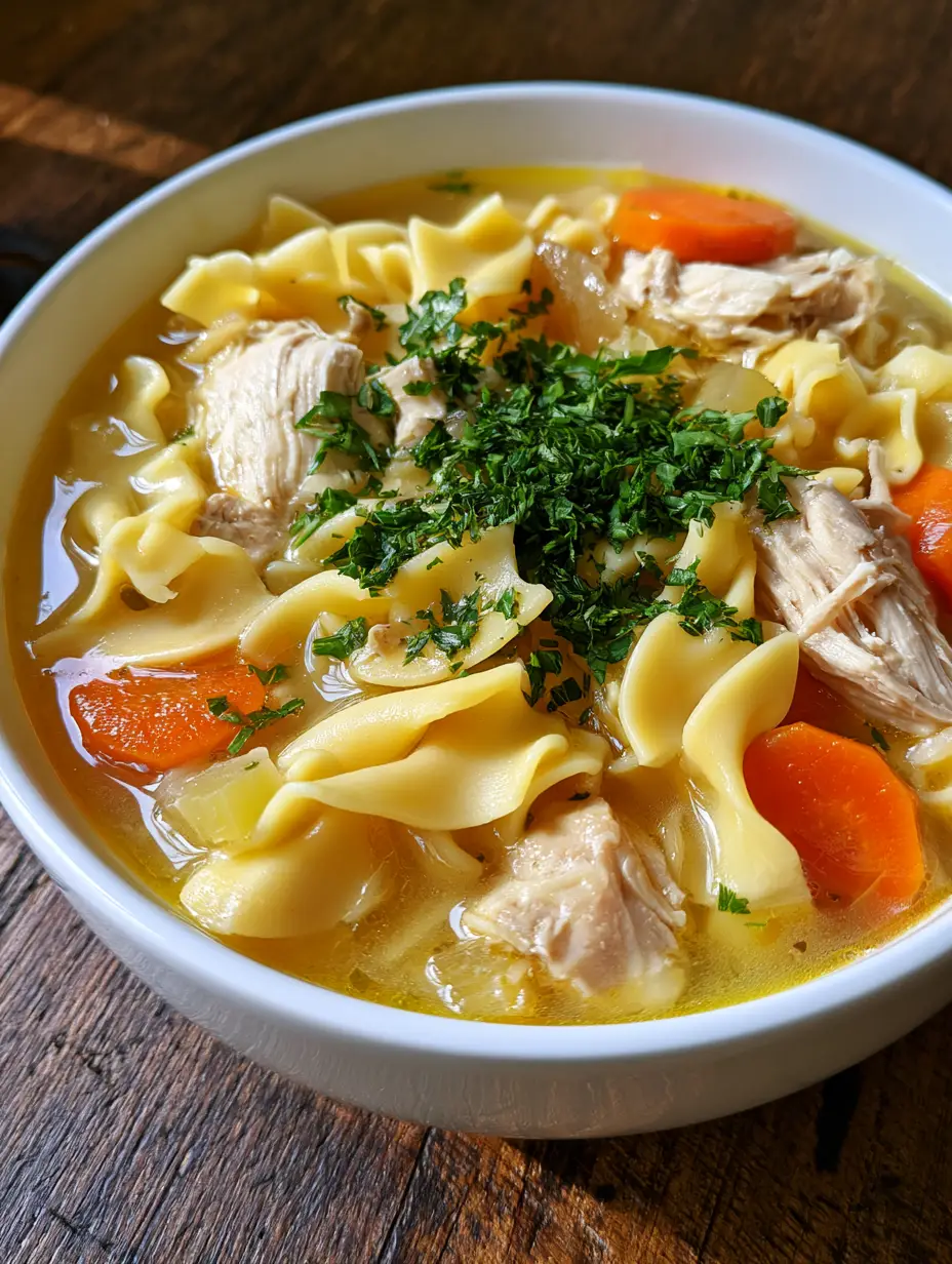 Close up of Homemade Chicken Noodle Soup showing translucent golden broth and bright orange carrots.